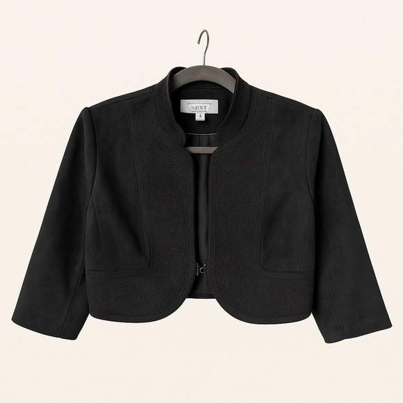 next Jackets & Blazers - NEXT Tailored Black Cropped Jacket Sz 14 Paisley Embroidered Hook Front Lined